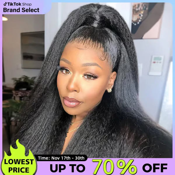 Sale Happening Now:50%OFF Pre-Cut Lace Kinky Straight 360 Full Lace Frontal Glueless Wig With Invisi Drawstring Pre Plucked Human Hair Wig