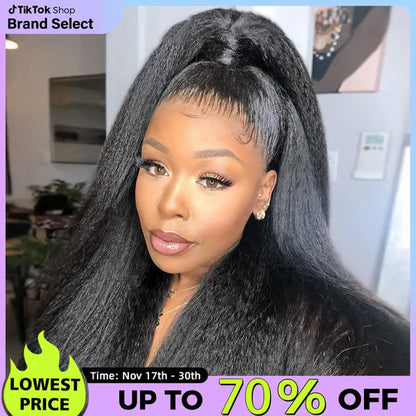 Sale Happening Now:50%OFF Pre-Cut Lace Kinky Straight 360 Full Lace Frontal Glueless Wig With Invisi Drawstring Pre Plucked Human Hair Wig